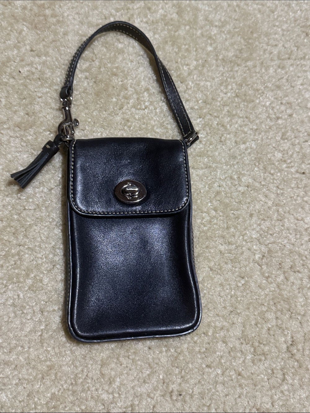 Vintage Coach Black Leather Wristlet Phone Pouch with Turn-Lock